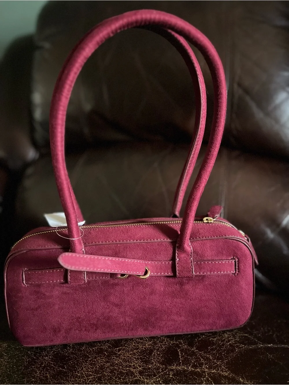 LOFT Wine Suede Satchel with Gold Hardware